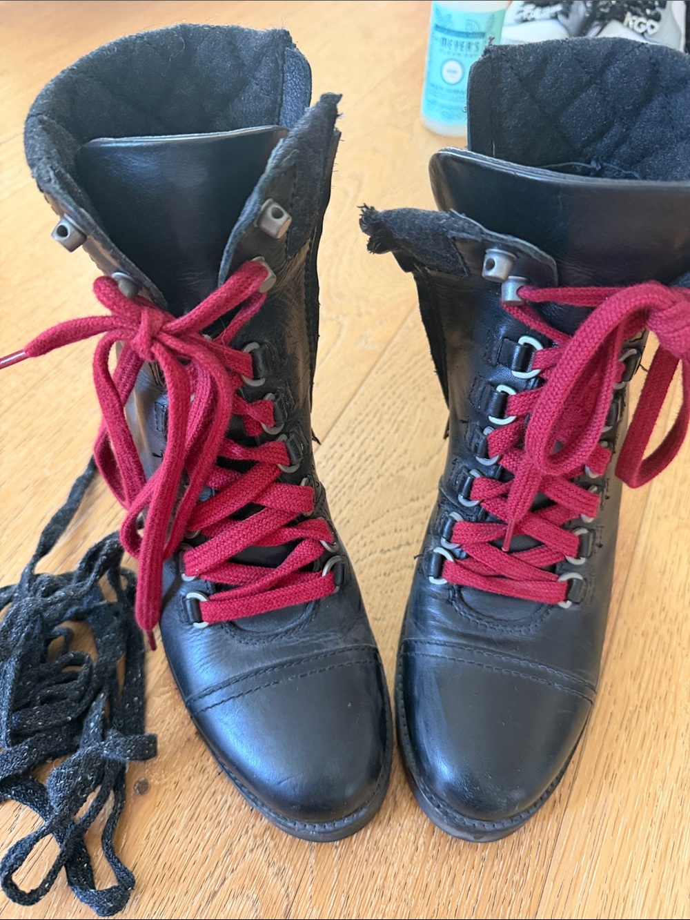 Black Leather Lace-Up Women's Boots with Red Laces